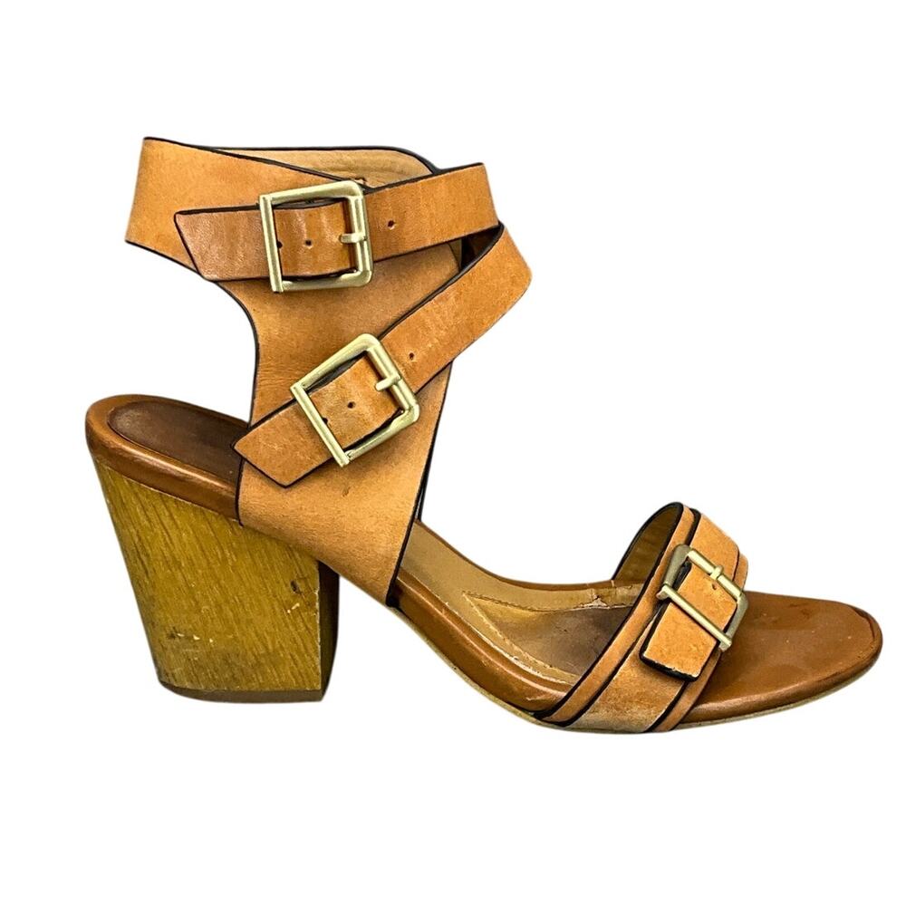 Isola Lessandra Strappy Tan Leather Ankle Buckle Block Heel Sandal Women 8
